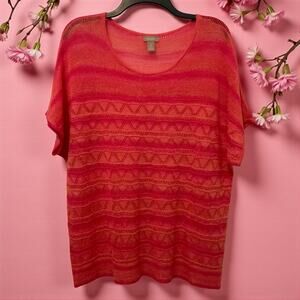 Chicos Knit Short Sleeve Sweater Open Weave Pink Orange Stripe XL